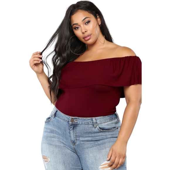 Fashion Nova Off the Shoulder Ruffle Plus Size Bodysuit, Burgundy, 3X - Picture 4 of 6